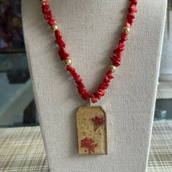 Red Coral & Pearl Pendant Necklace with Silver Tone Toggle Clasp.